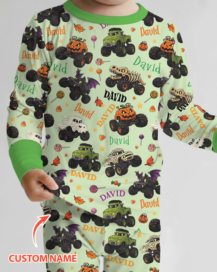Spooky Monster Truck Custom Name Bamboo Two Piece Long Sleeve Pajama Set