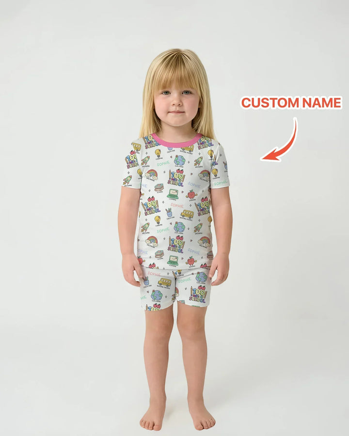 Custom Name Celebration Hundred Days Bamboo Two Piece Short Sleeve Shorts Pajama Set