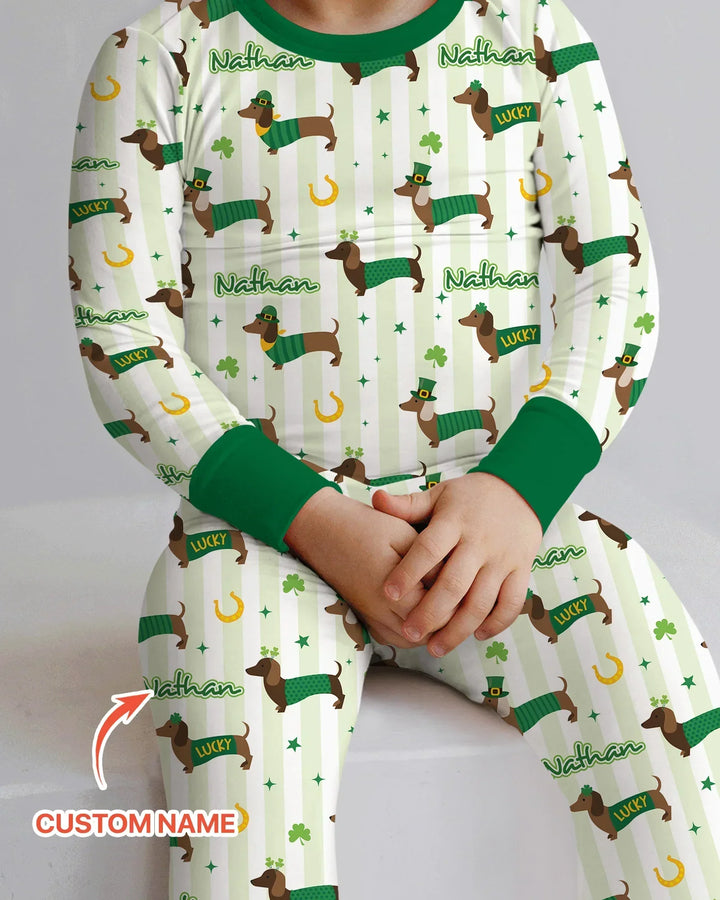 Lucky Dachshunds St. Patrick's Day Family Matching Bamboo Two Piece Long Sleeve Pajama Set