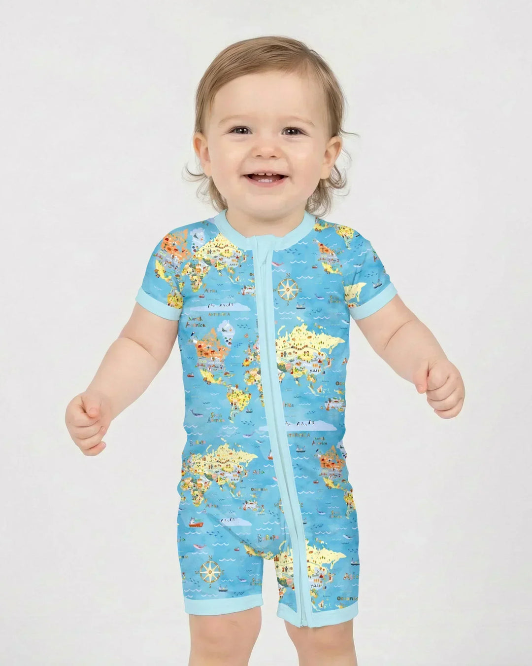 Whimsical World Map Family Matching Bamboo Shorty Zippy