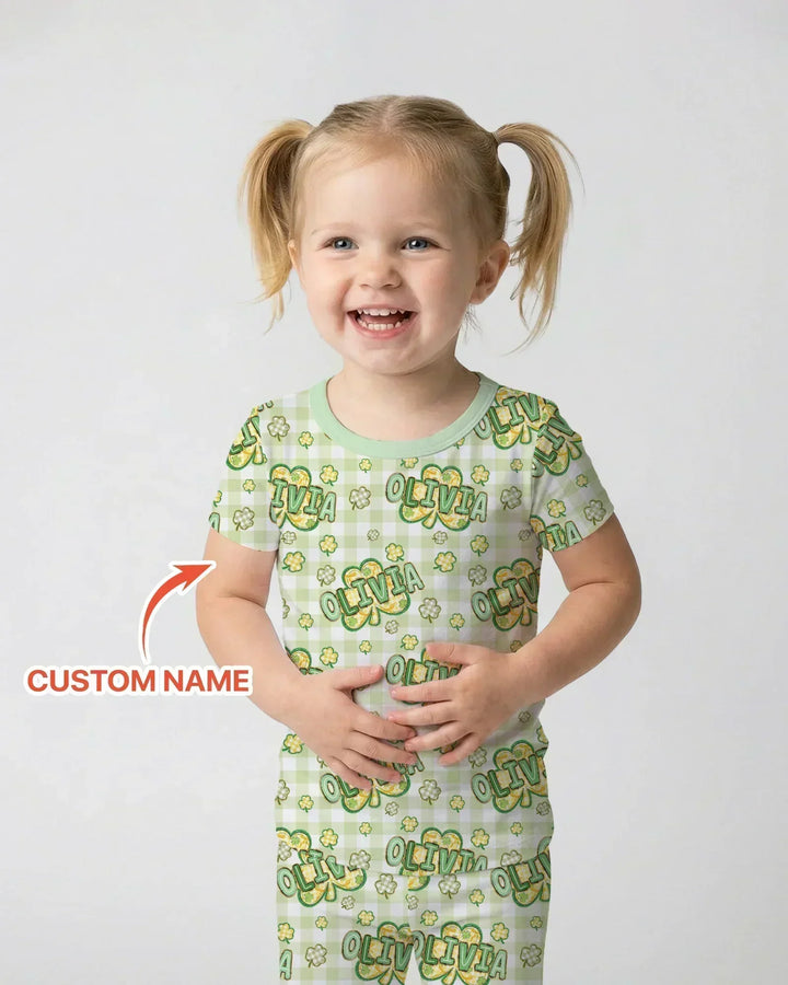 Lucky Shamrock Custom Name Bamboo Two Piece Short Sleeve Pajama Set