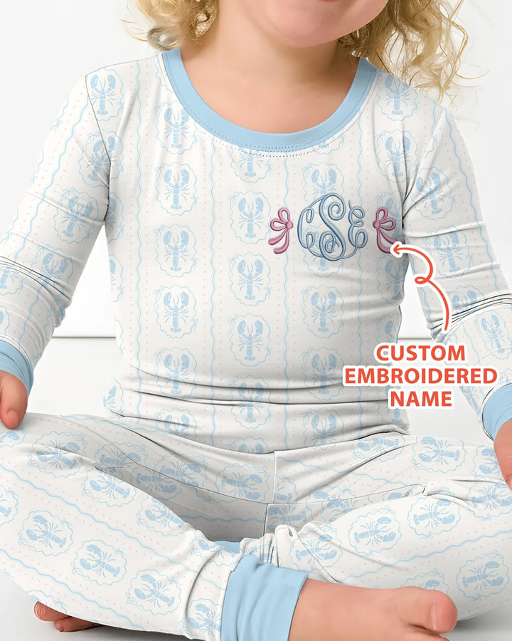 Custom Monogram Letter Embroidered Baby Bamboo Two Piece Long Sleeve Pajama Set