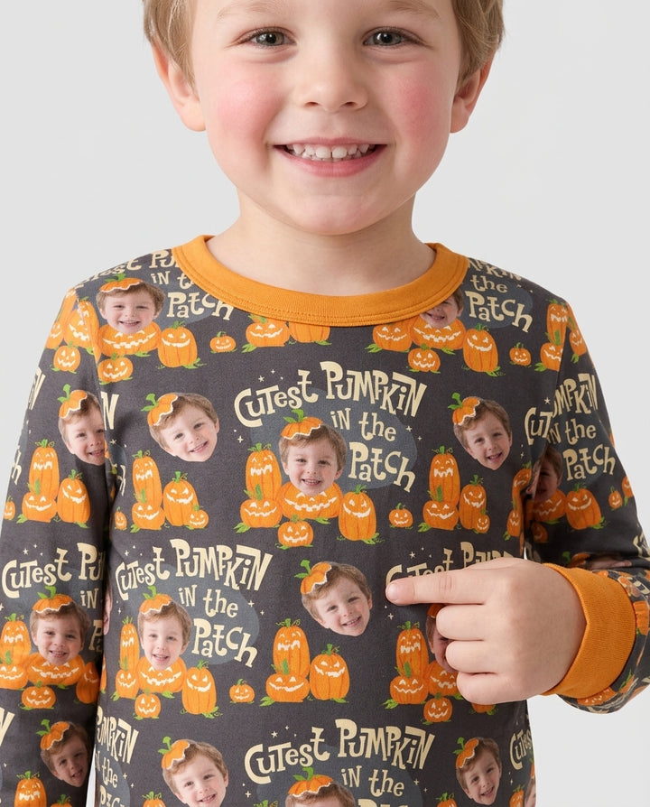 Custom Photo Cutest Pumpkin in the Patch Bamboo Two Piece Long Sleeve Pajama Set