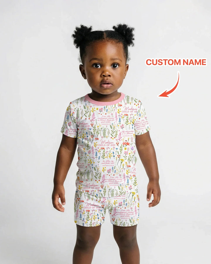 Custom Name Child of God Flower Garden Bamboo Two Piece Short Sleeve Shorts Pajama Set