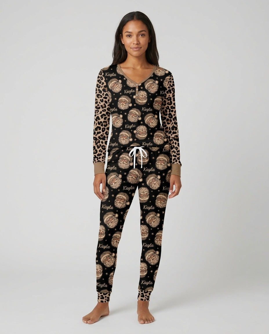 Custom Name Vintage Leopard Santa Bamboo Women Pajama Set