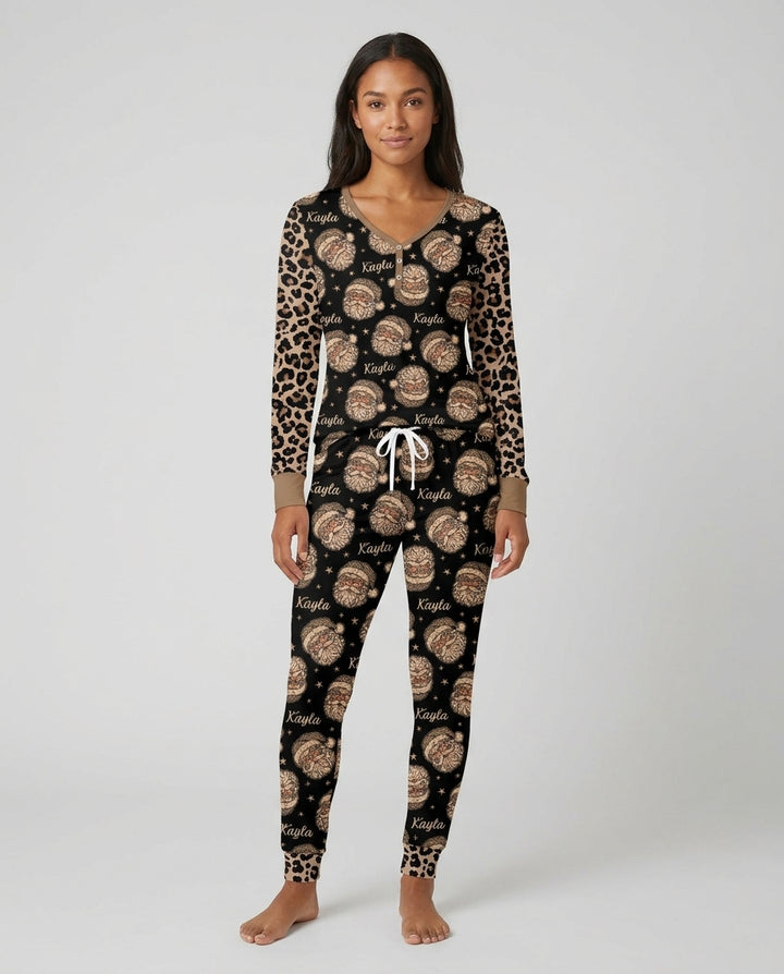 Custom Name Vintage Leopard Santa Bamboo Women Pajama Set