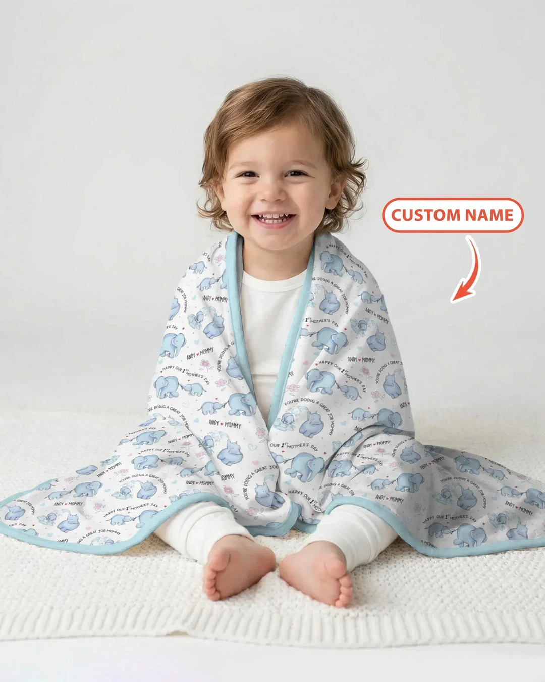 Custom Name Mother & Baby Elephant Bamboo Blanket