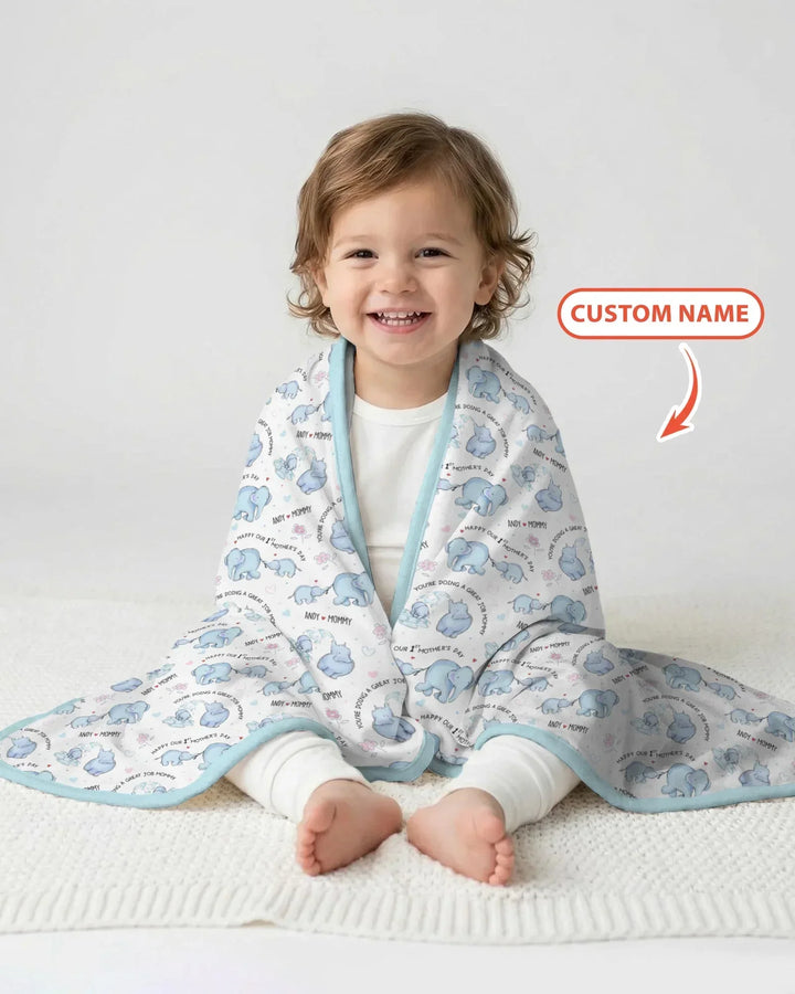 Custom Name Mother & Baby Elephant Bamboo Blanket