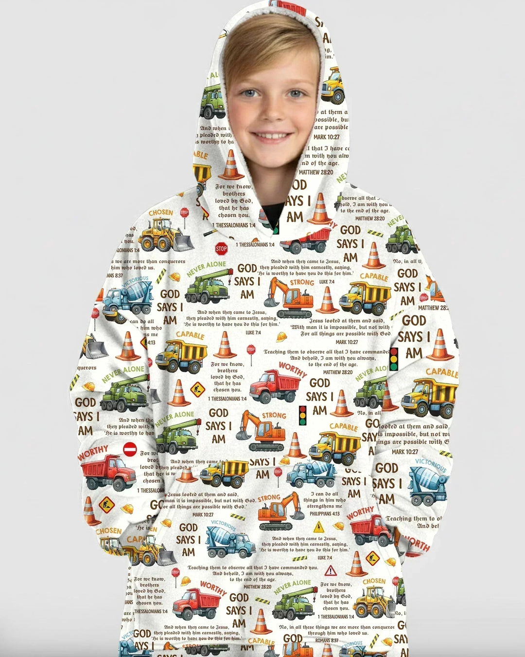 Bible Verse Construction Trucks Wearable Bamboo Blanket Hoodie