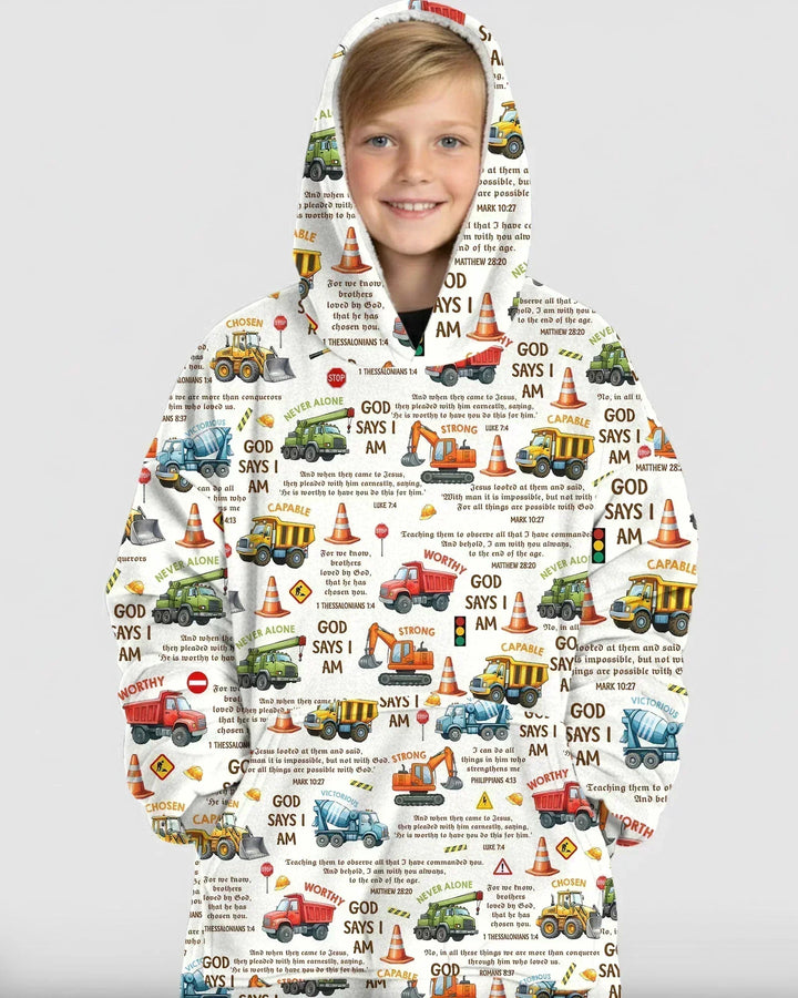Bible Verse Construction Trucks Wearable Bamboo Blanket Hoodie