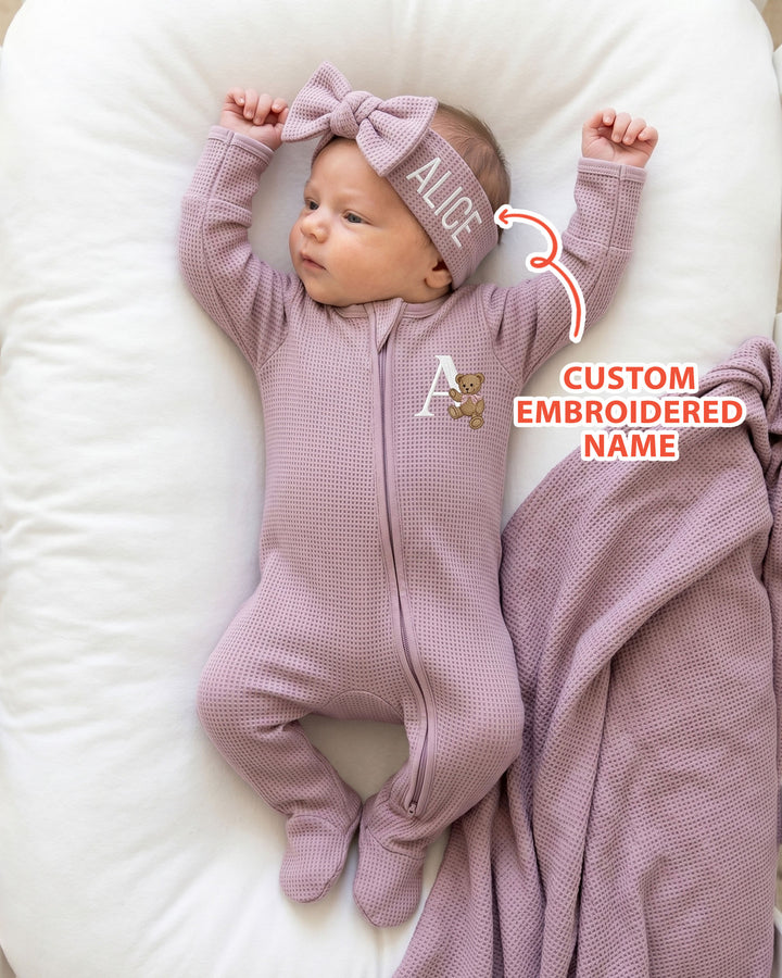 Personalized Cute Bear Embroidered Waffle Bamboo Zipper Footie