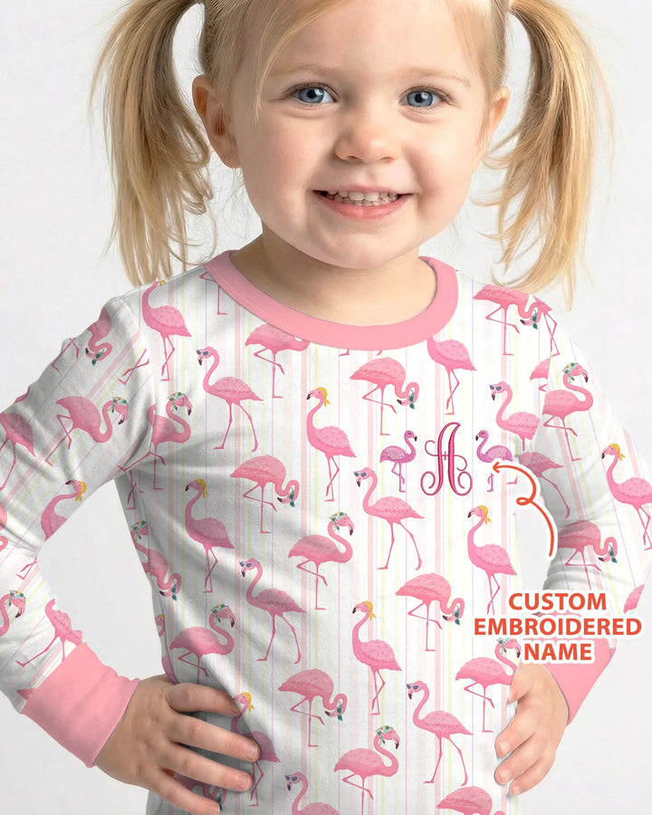 Custom Name Embroidered Flamingo Bamboo Two Piece Long Sleeve Pajama Set