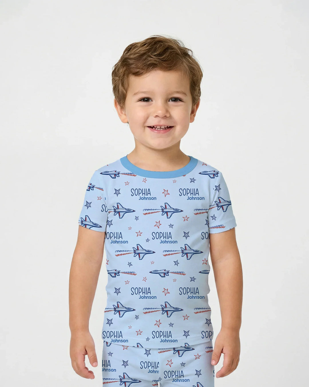 Patriotic American Flag Jet Fighter Bamboo Two Piece Short Sleeve Pajama Set
