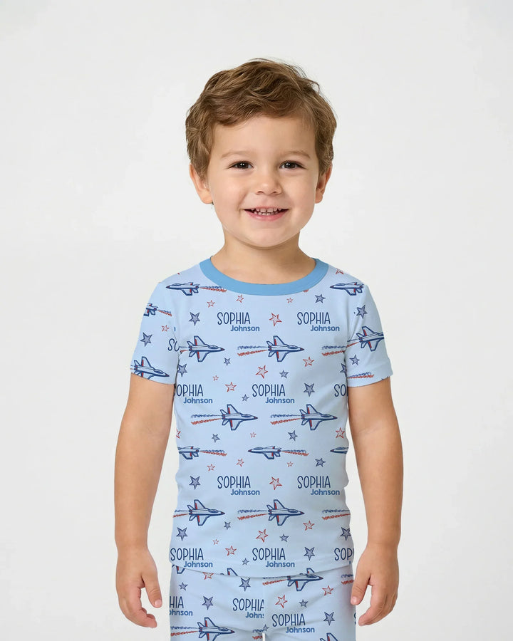 Patriotic American Flag Jet Fighter Bamboo Two Piece Short Sleeve Pajama Set