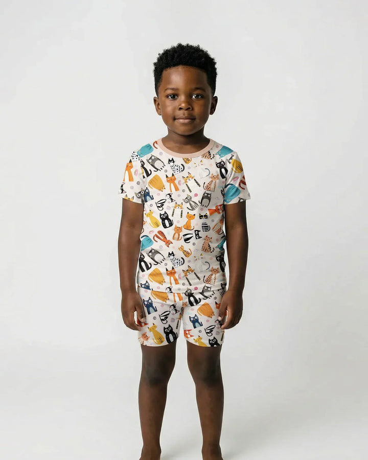 Goofy Mischief Cat Family Matching Bamboo Two Piece Short Sleeve Shorts Pajama Set