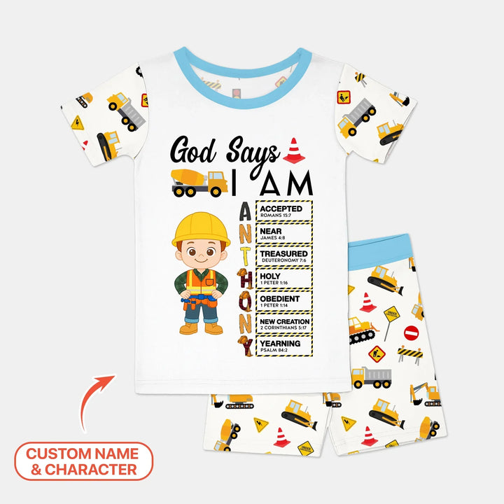 Custom Name God Says I Am Little Builder Letter in Bible Bamboo Two Piece Short Sleeve Shorts Pajama Set