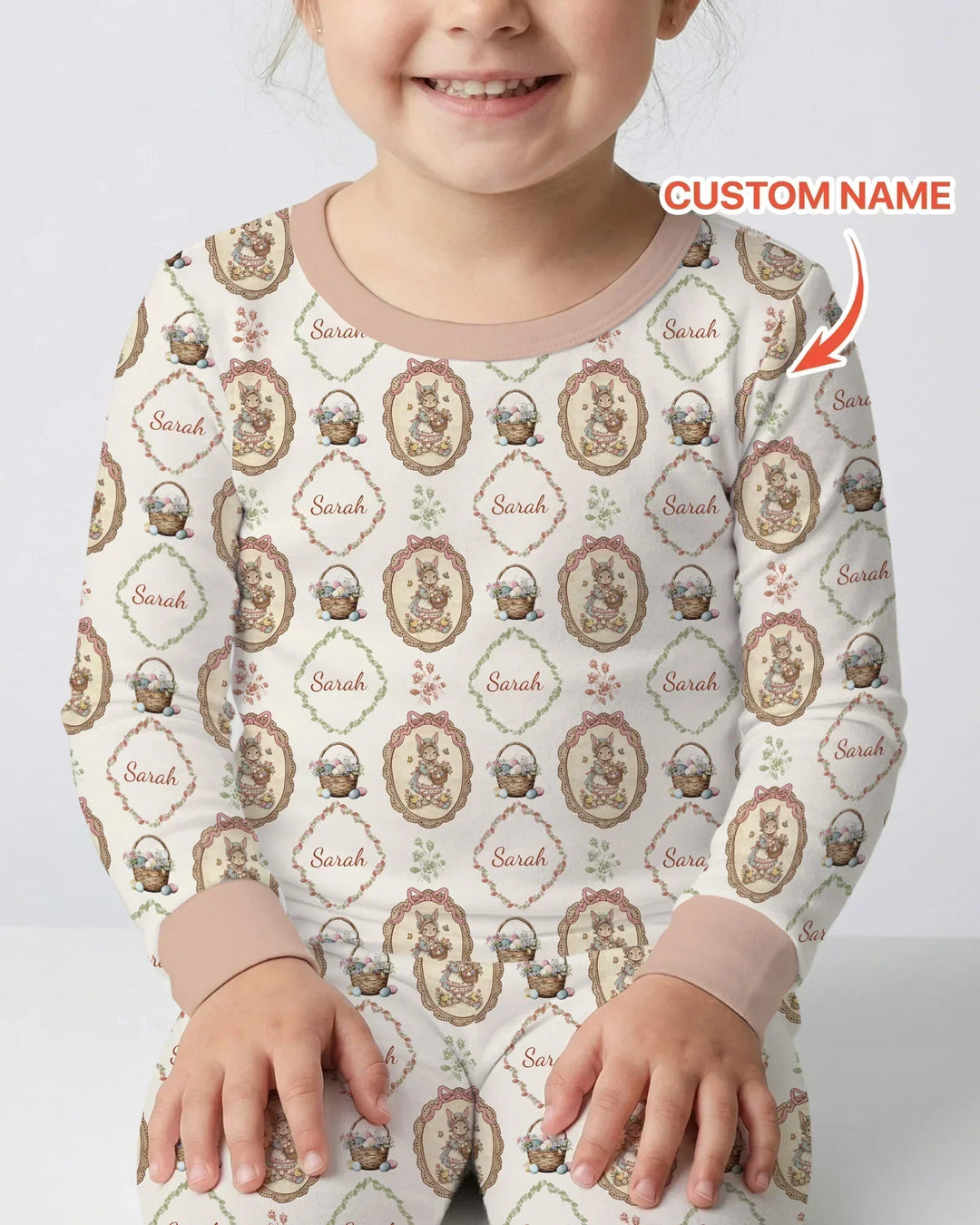 Vintage Bunny Easter Custom Name Mommy & Me Matching Bamboo Two Piece Long Sleeve Pajama Set