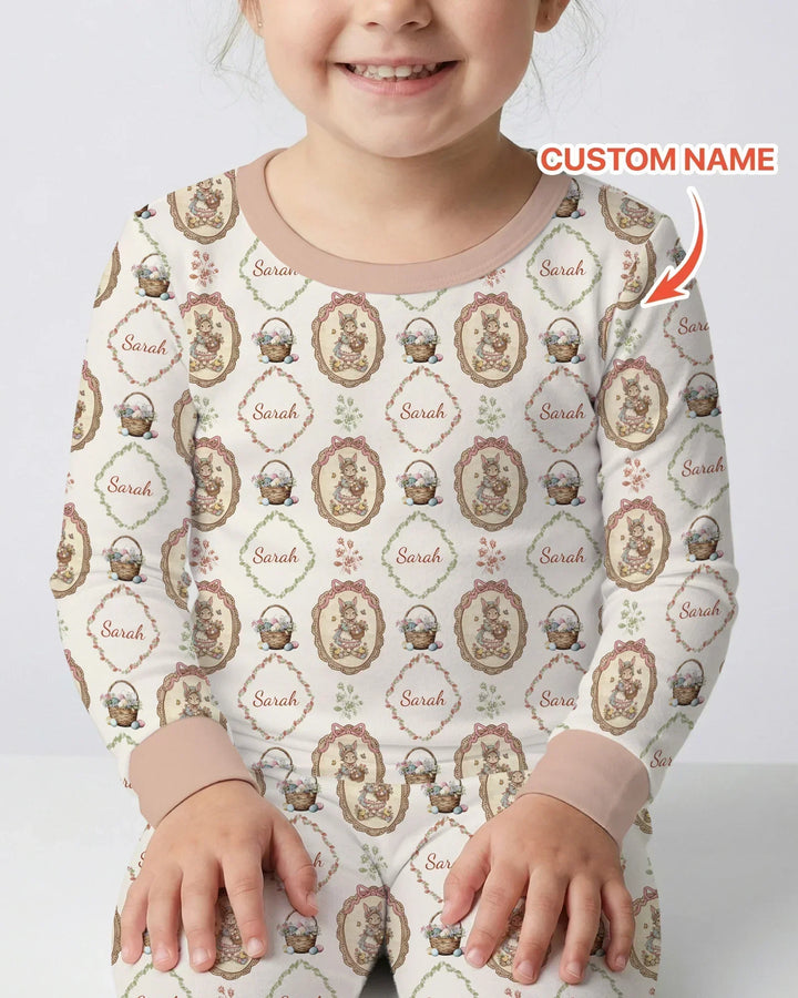 Vintage Bunny Easter Custom Name Mommy & Me Matching Bamboo Two Piece Long Sleeve Pajama Set
