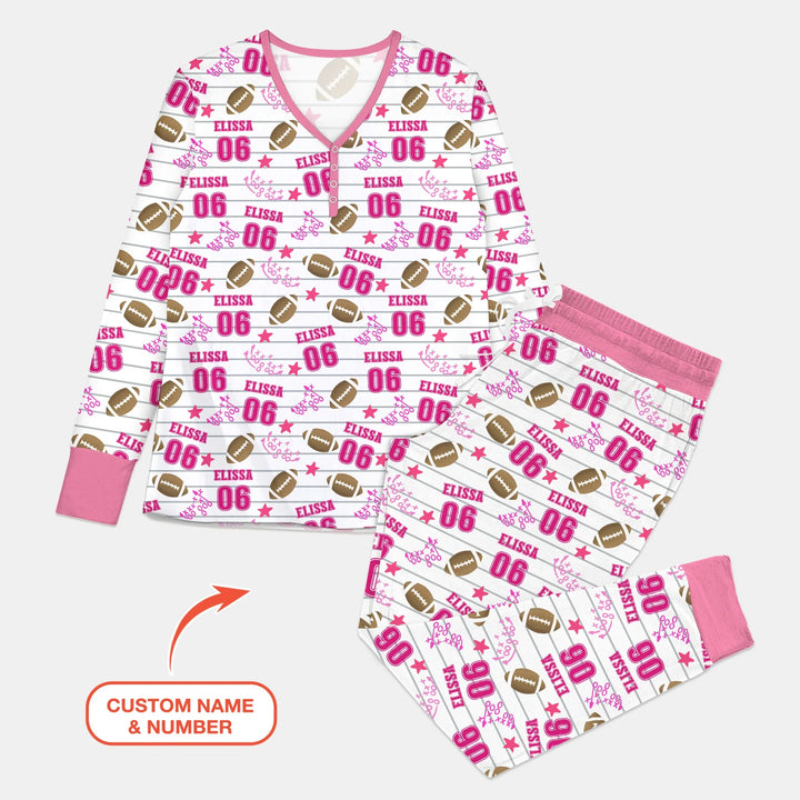 Custom Name Football Time Pink Matching Bamboo Women Pajama Set