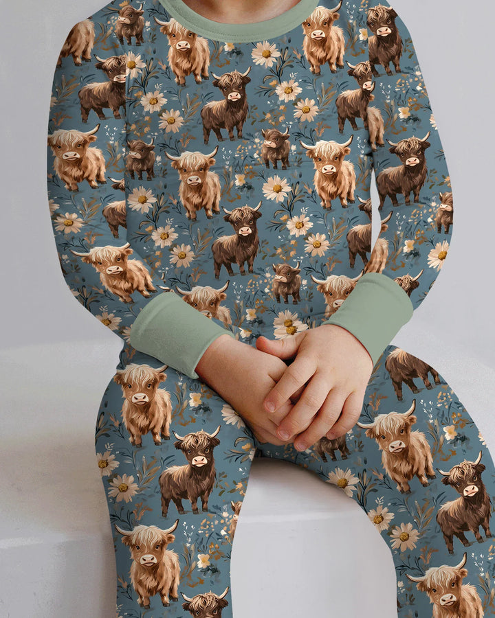 Majestic Highland Cows Family Matching Bamboo Two Piece Long Sleeve Pajama Set