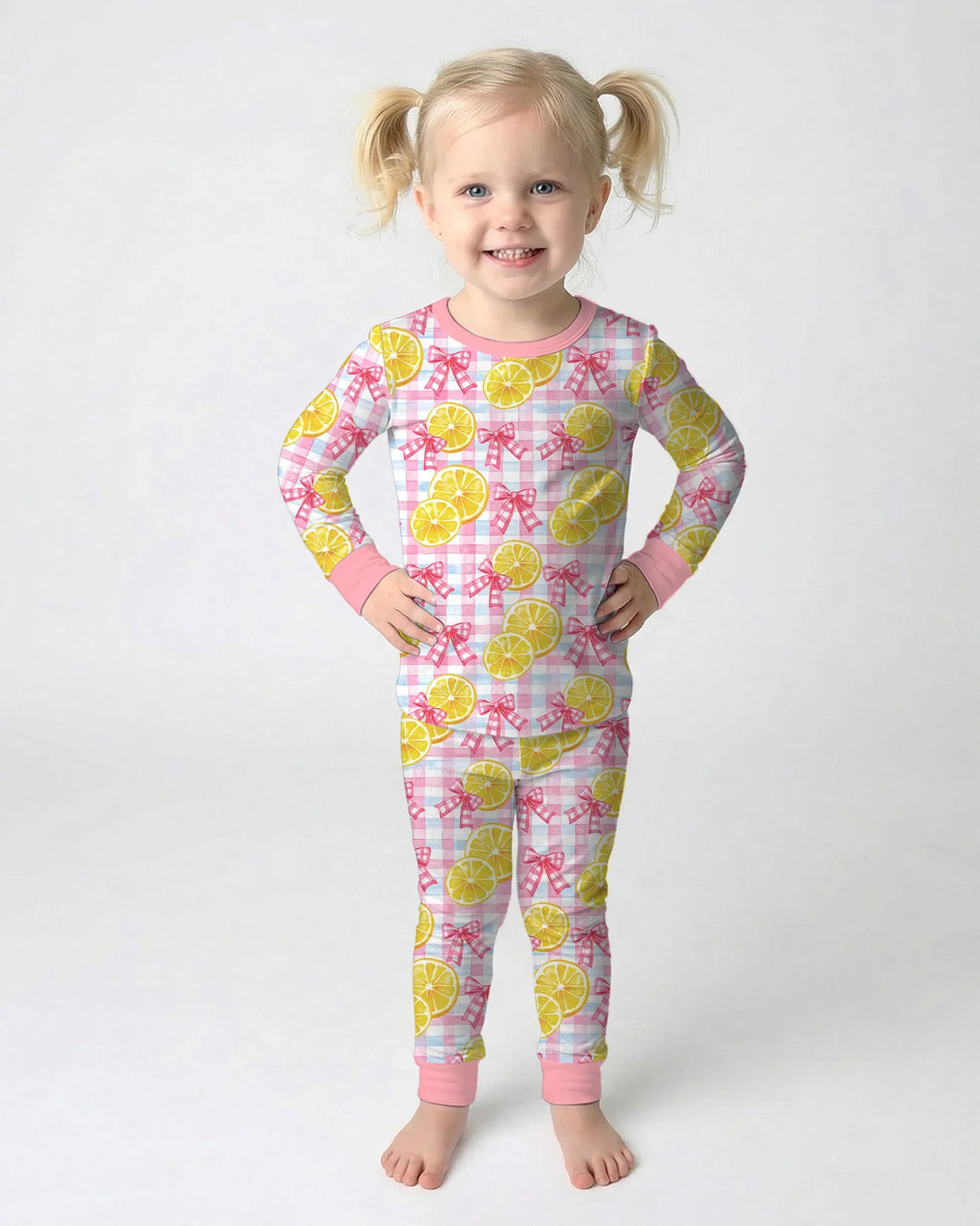 Pink Lemons Bows Checkered Bamboo Two Piece Long Sleeve Pajama Set