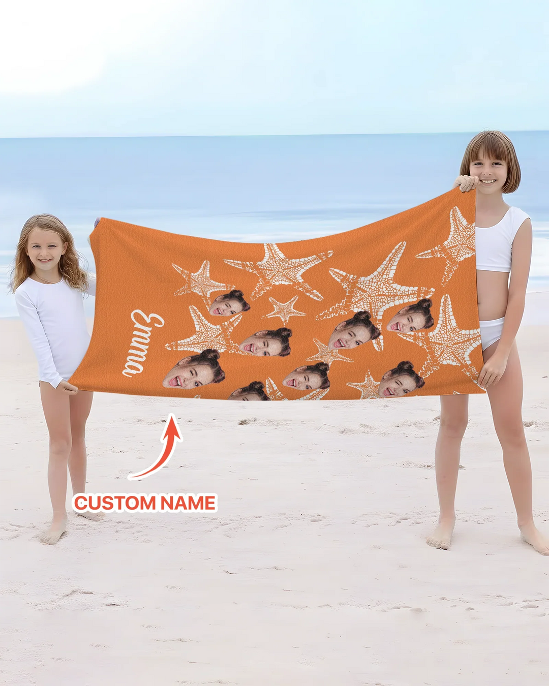 Custom Photo Starfish With Names Bamboo Beach Towel
