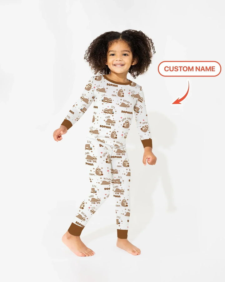 Custom Name Cute Sloth Bamboo Two Piece Long Sleeve Pajama Set