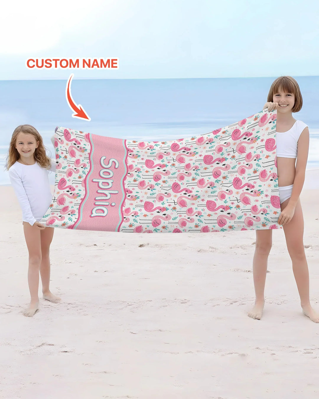 Custom Name Hello Flamingo Bamboo Beach Towel