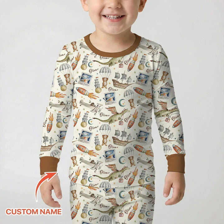Adventure Dreams Custom Name Bamboo Two Piece Long Sleeve Pajama Set
