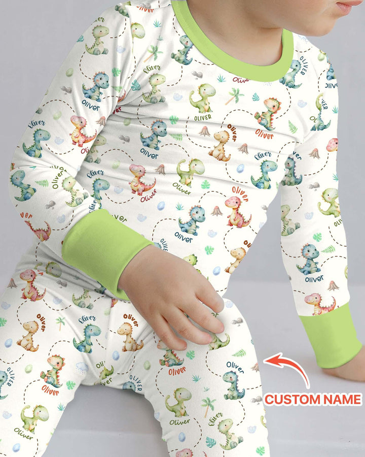 Personalized Dino Friends Bamboo Two Piece Long Sleeve Pajama Set