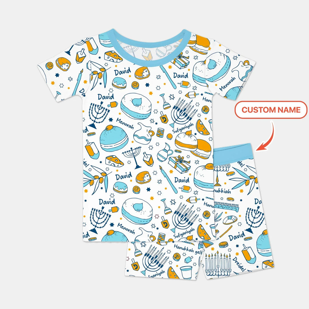 Happy Hanukkah Doodles Custom Name Family Matching Bamboo Two Piece Short Sleeve Shorts Pajama Set