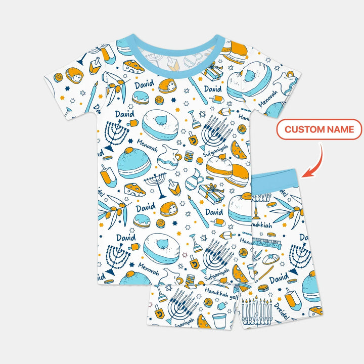 Happy Hanukkah Doodles Custom Name Family Matching Bamboo Two Piece Short Sleeve Shorts Pajama Set