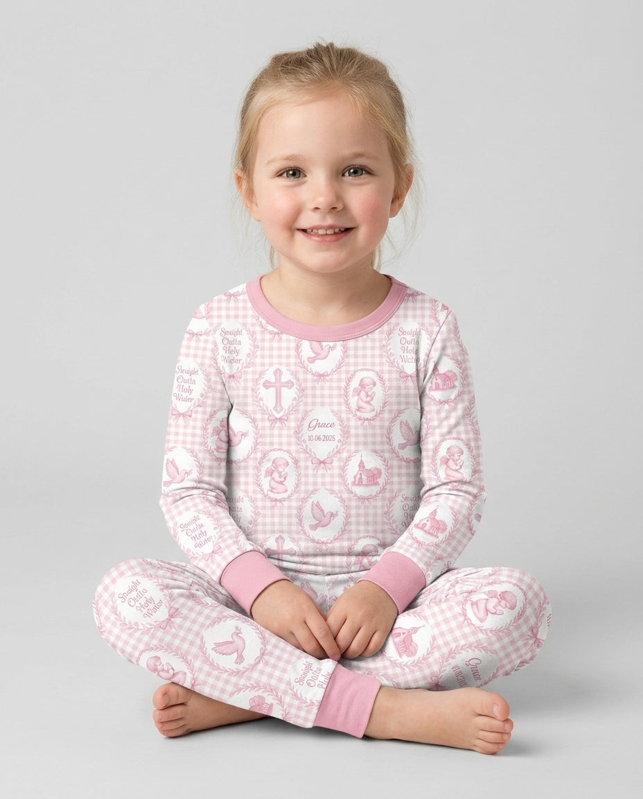 Custom Name Baptism Straight Outta Holy Water Bamboo Two Piece Long Sleeve Pajama Set