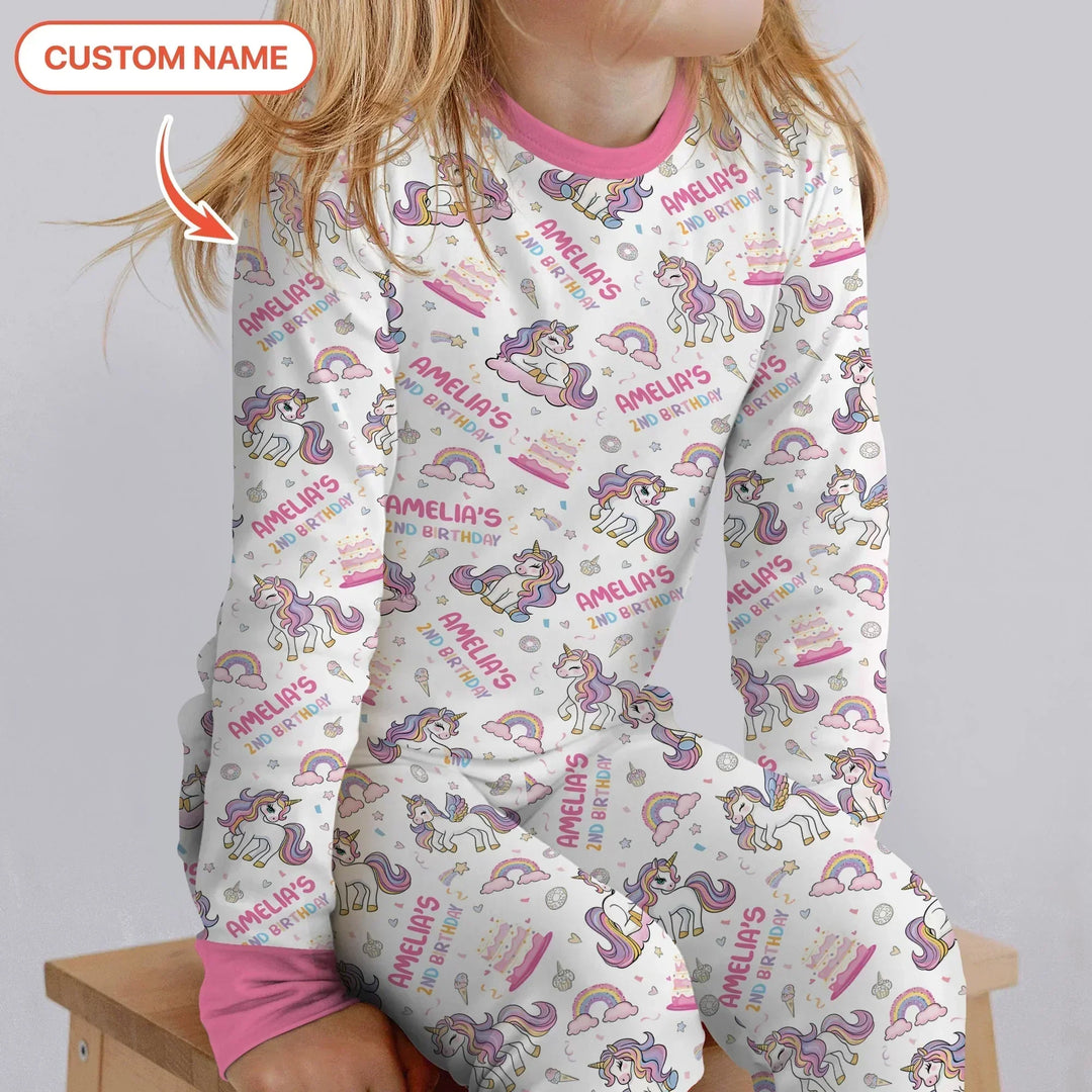 Custom Name Little Unicorn's Birthday Bamboo Two Piece Long Sleeve Pajama Set
