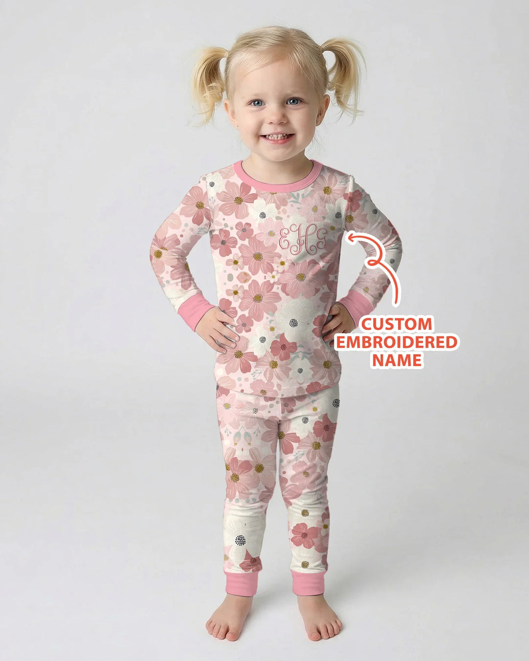 Custom Embroidered Name Floral Bamboo Two Piece Long Sleeve Pajama Set