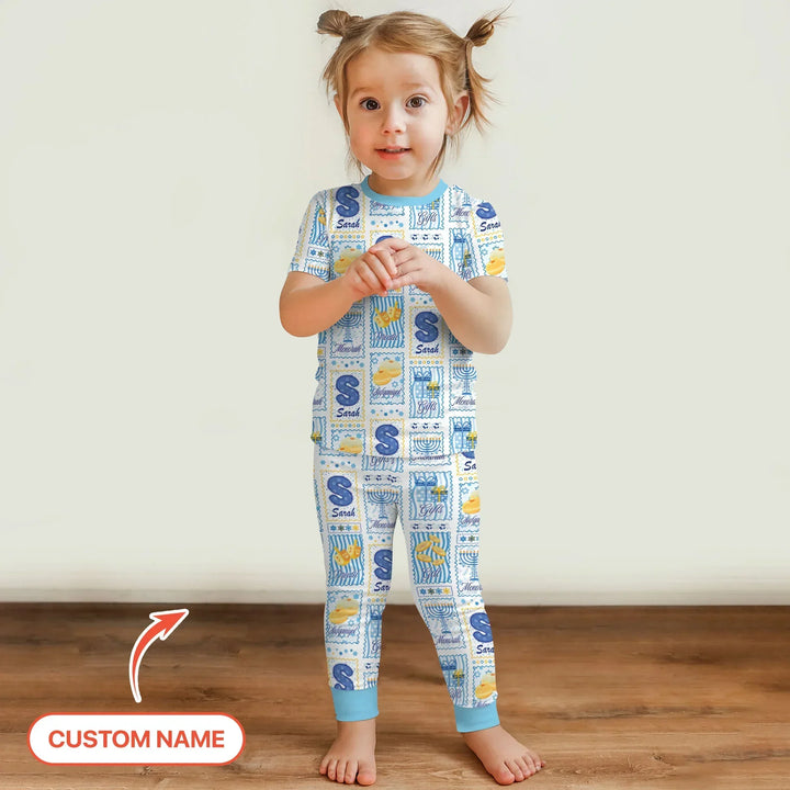 Light of Hanukkah Custom Name Bamboo Two Piece Short Sleeve Pajama Set