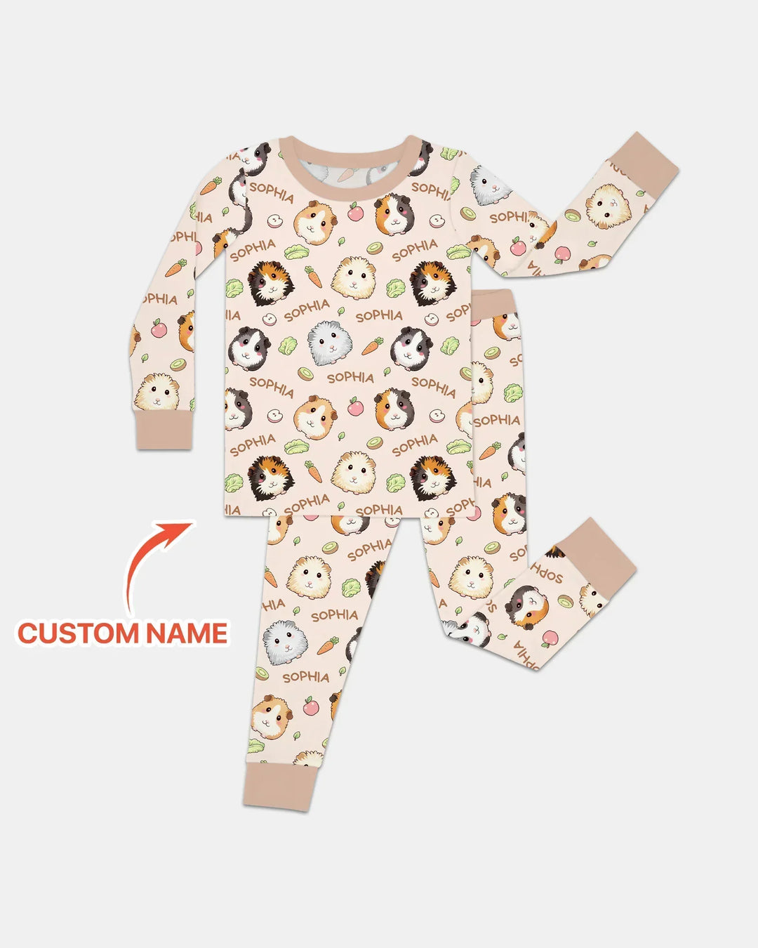 Custom Name Cute Guinea Pigs Bamboo Two Piece Long Sleeve Pajama Set