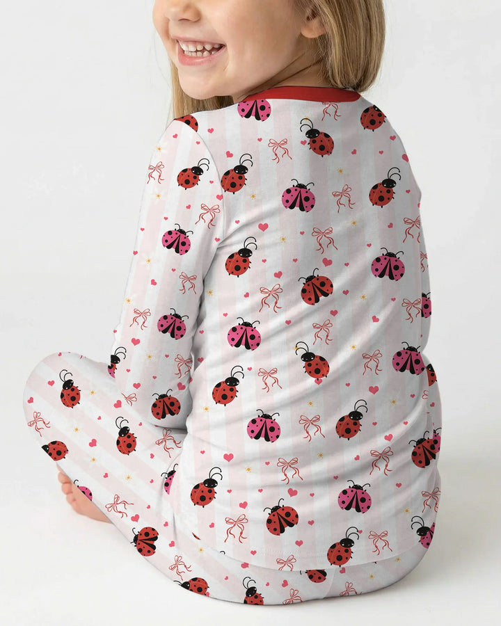Custom Embroidered Name Ladybug Bamboo Two Piece Long Sleeve Pajama Set