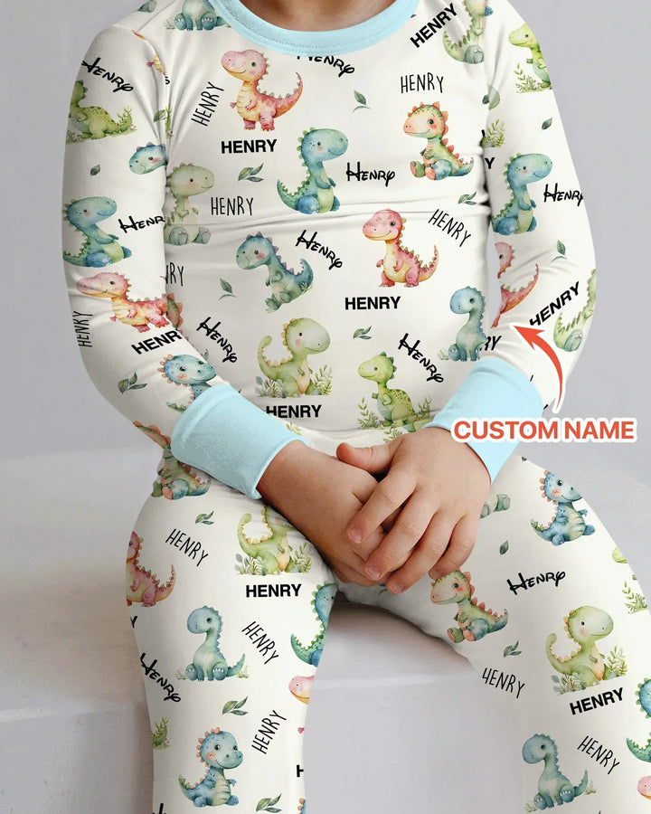 Dinosaur Custom Name Bamboo Two Piece Long Sleeve Pajama Set