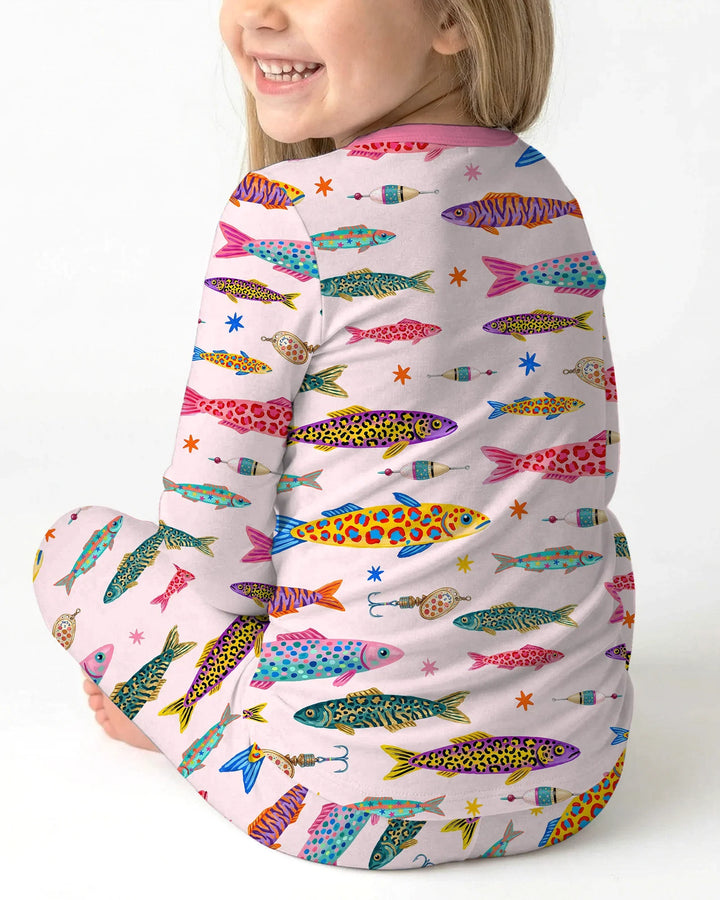 Custom Name Embroidered Colorful Fish Bamboo Two Piece Long Sleeve Pajama Set