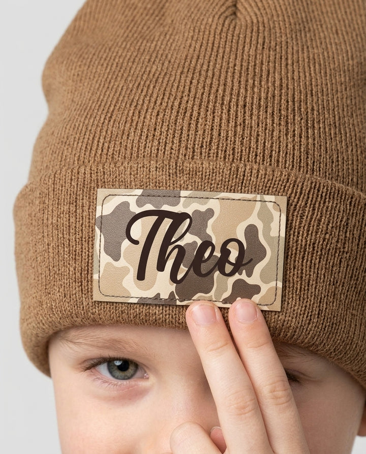 Custom Name Camo Leather Patch Beanie
