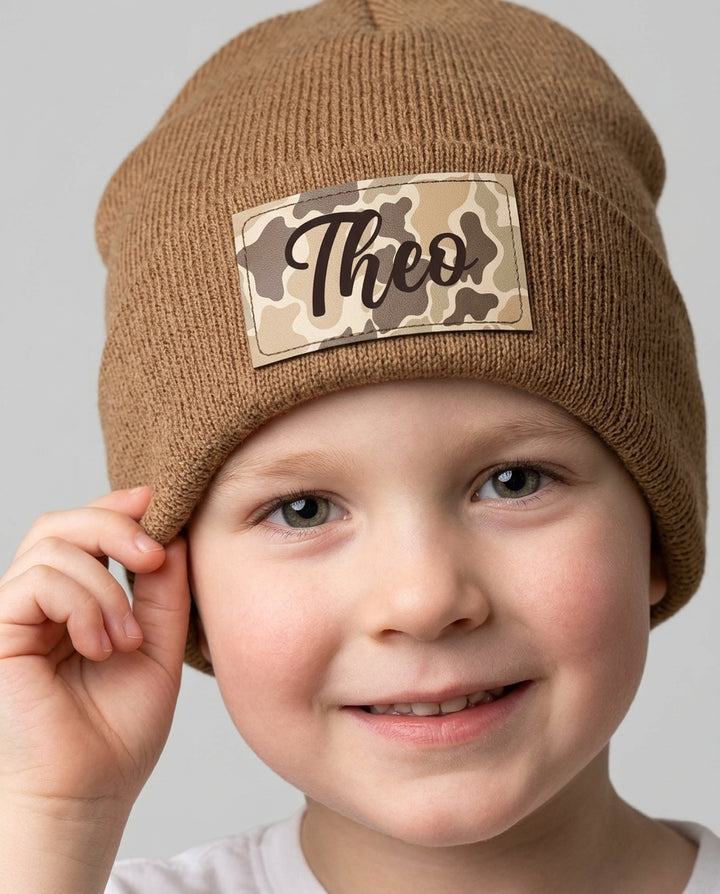 Custom Name Camo Leather Patch Beanie