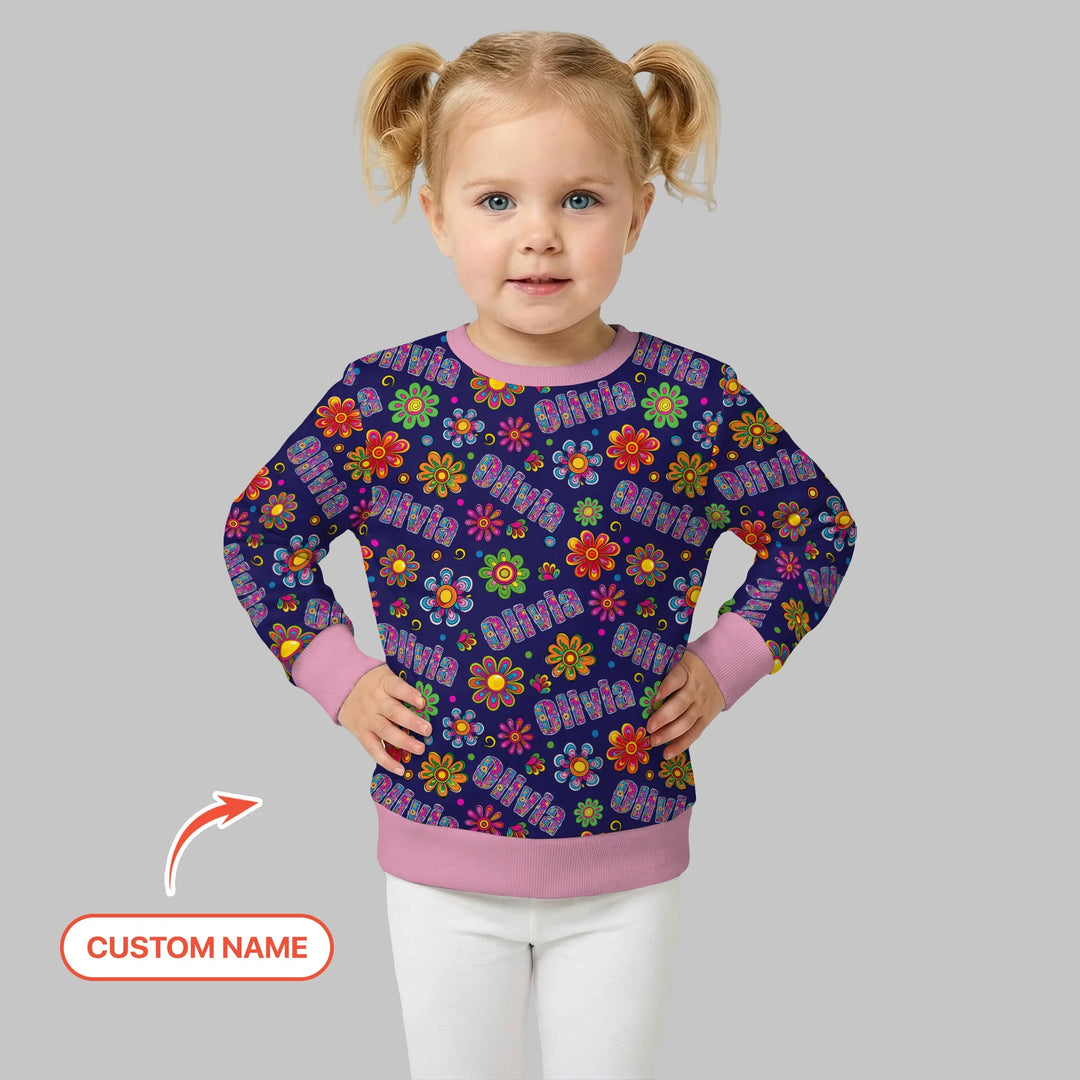 Custom Name Rainbow Hippie Flowers Bamboo Crewneck Sweatshirt