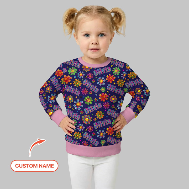 Custom Name Rainbow Hippie Flowers Bamboo Crewneck Sweatshirt
