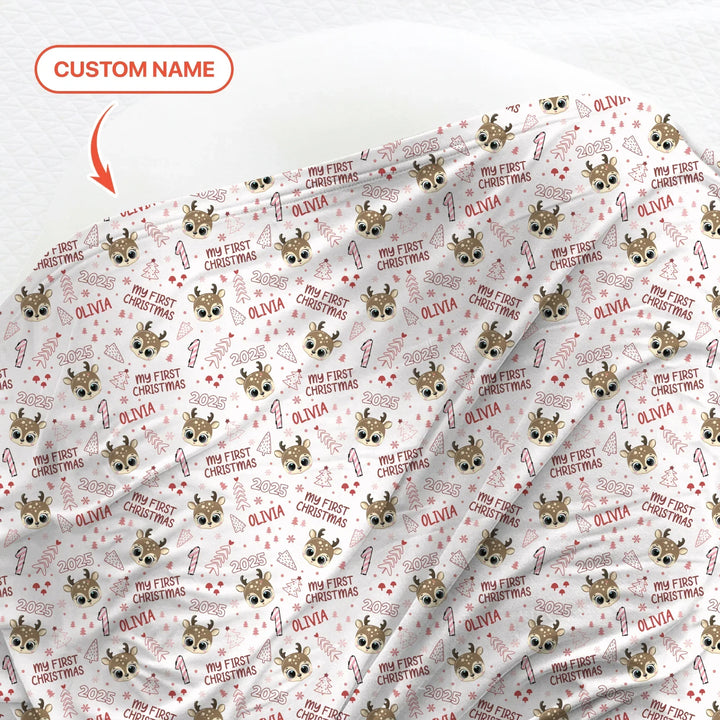 Custom Name Cute Reindeer My First Christmas Bamboo Swaddle Blanket