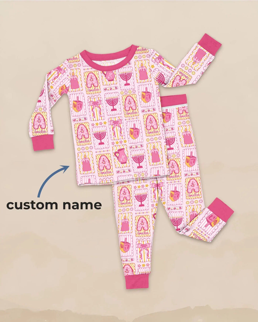 Custom Name Hanukkah Wonderland Bamboo Two Piece Long Sleeve Pajama Set