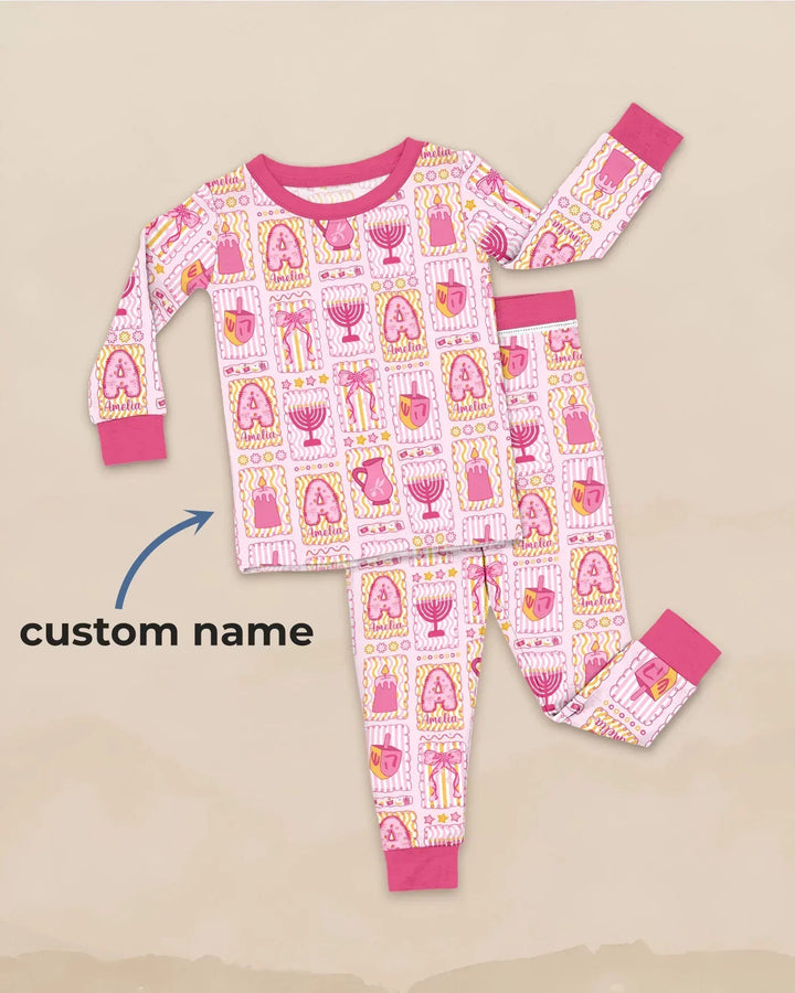 Custom Name Hanukkah Wonderland Bamboo Two Piece Long Sleeve Pajama Set