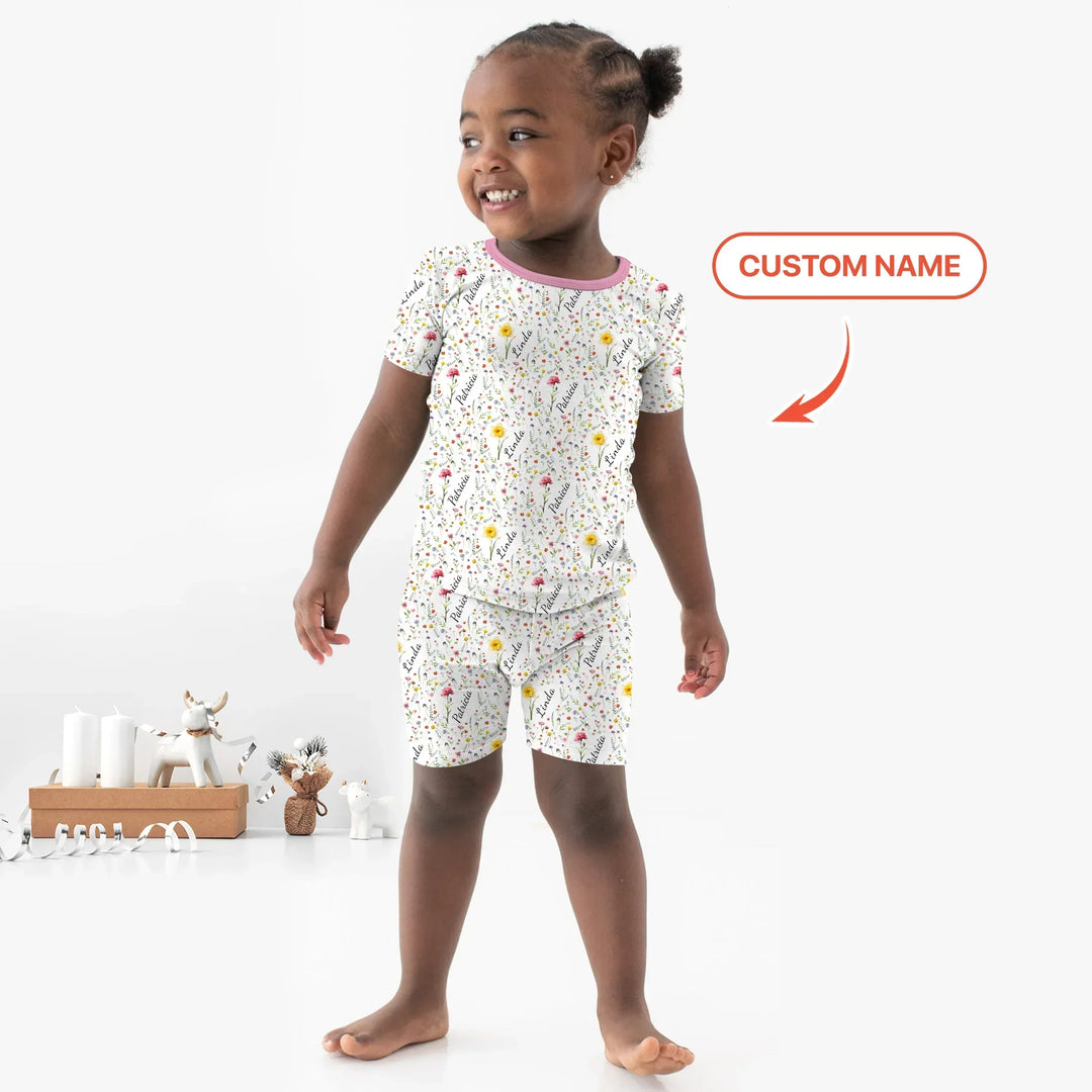 Birth Flower Custom Name Family Daughter Sister Bamboo Two Piece Short Sleeve Shorts Pajama Set