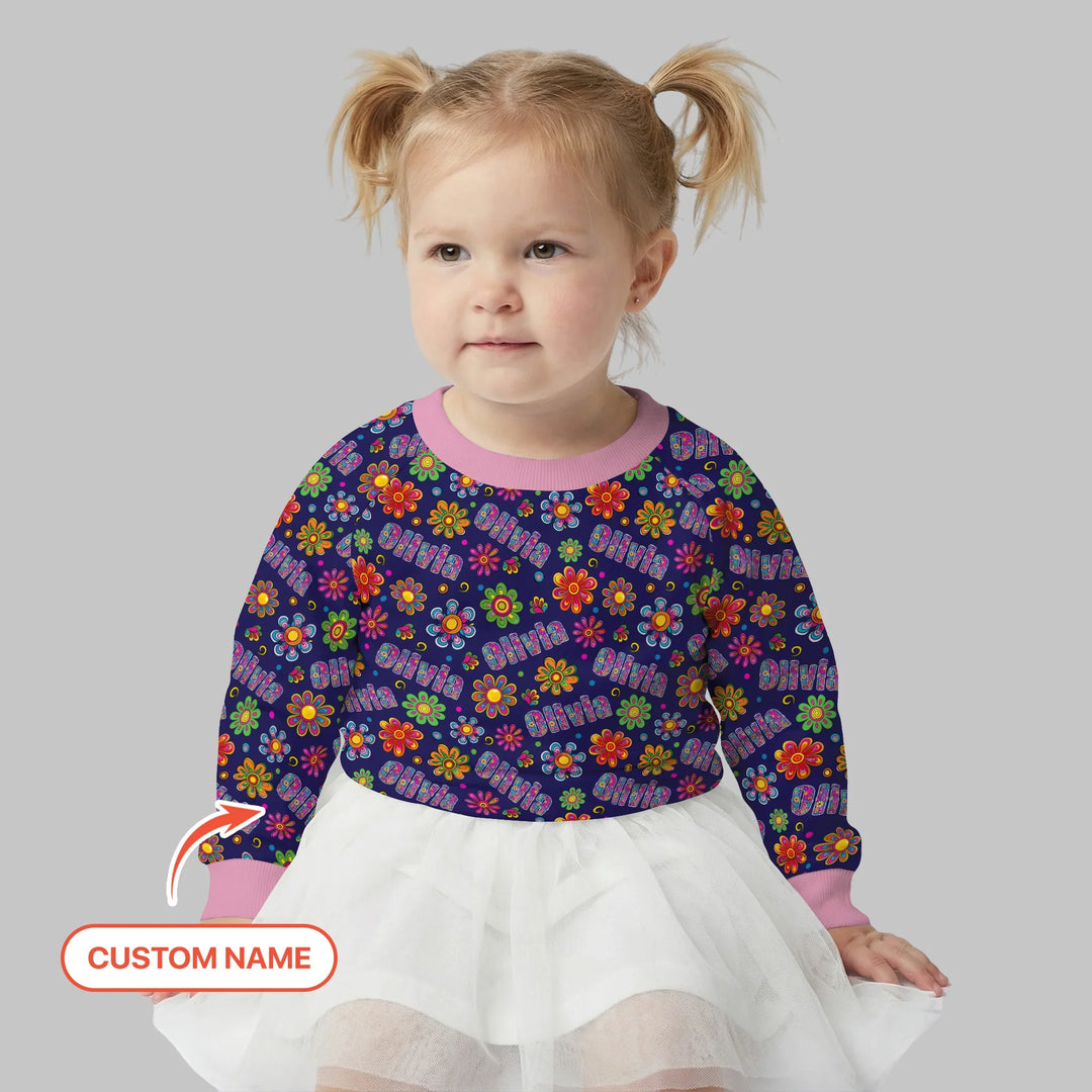 Custom Name Rainbow Hippie Flowers Bamboo Crewneck Sweatshirt