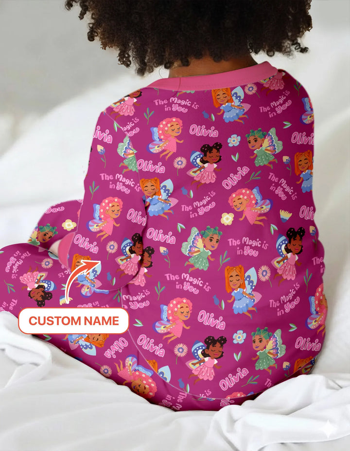 Custom Name Little Garden Fairy Bamboo Two Piece Long Sleeve Pajama Set